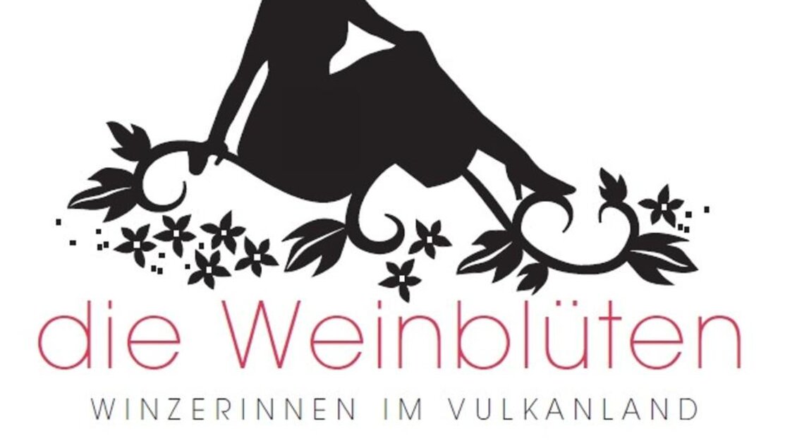 Eine stilisierte Silhouette einer Frau, die auf einer Blume sitzt. Darunter steht der Schriftzug "die Weinblüten - Winzerinnen im Vulkanland".