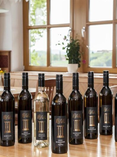 Eine Auswahl an Weinen auf einem Tisch in einem hellen Raum. Die Flaschen sind in verschiedenen Farben und Stilen angeordnet. | © Weingut Assigal