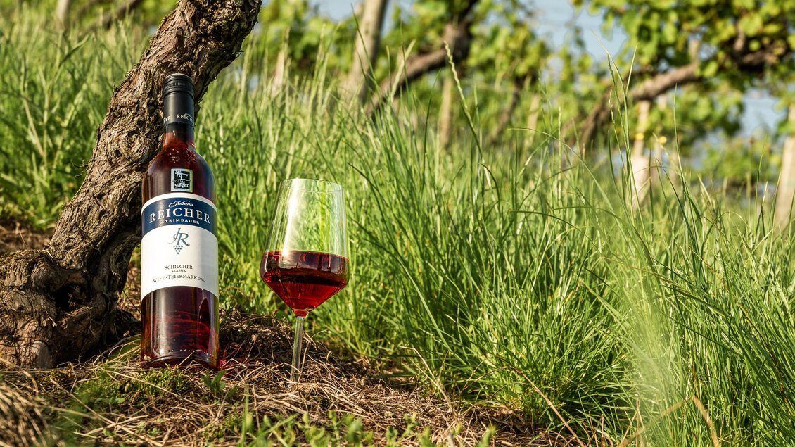 Flasche Roséwein und gefülltes Weinglas zwischen Rebstöcken im Weingarten des Weinguts Johann Reicher in St. Bartholomä. | © Region Graz - Mias Photoart