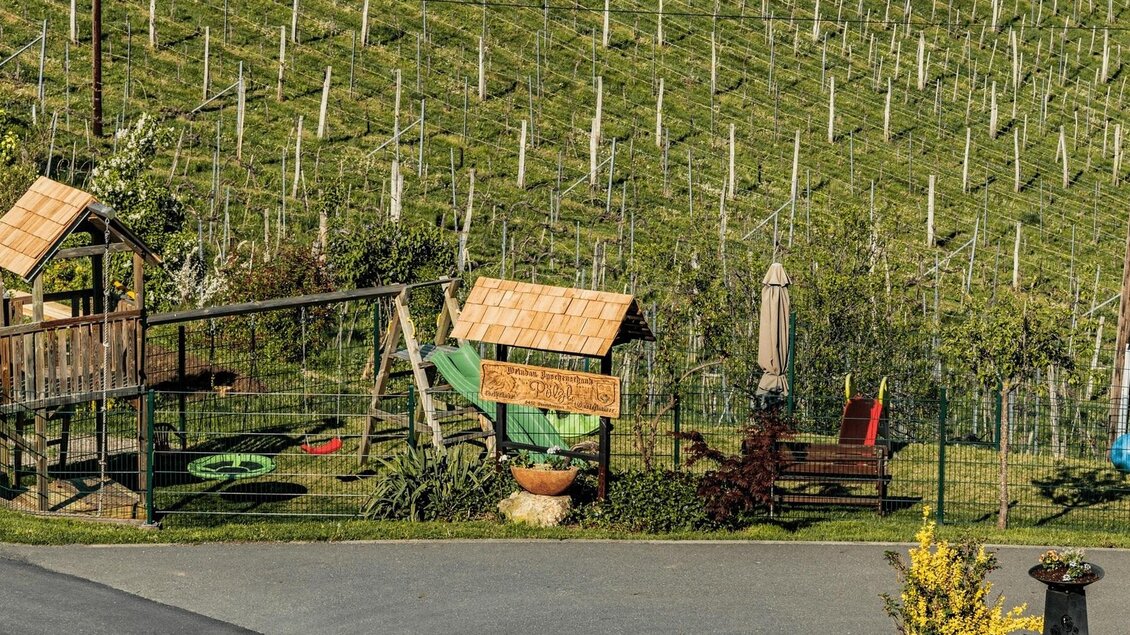 Ein Spielplatz mit einem Holzspielhaus und einer Schaukel in der Nähe von Weinbergen. Im Hintergrund sind saftig grüne Rebstöcke zu sehen. | © Weingut & Buschenschank Pölzl