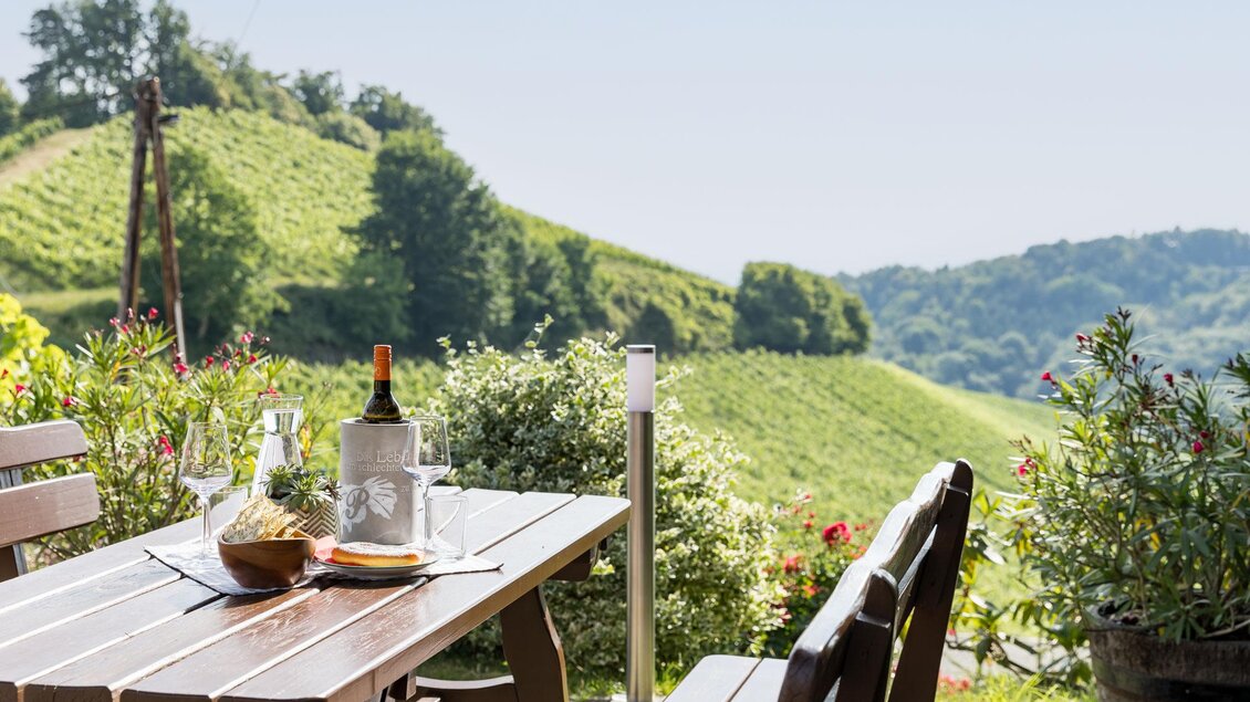 Terrasse mit Blick in den Weingarten am Weingut & Buschenschank Pölzl in der Südsteiermark. | © ELISABETH FRÖHLICH photography