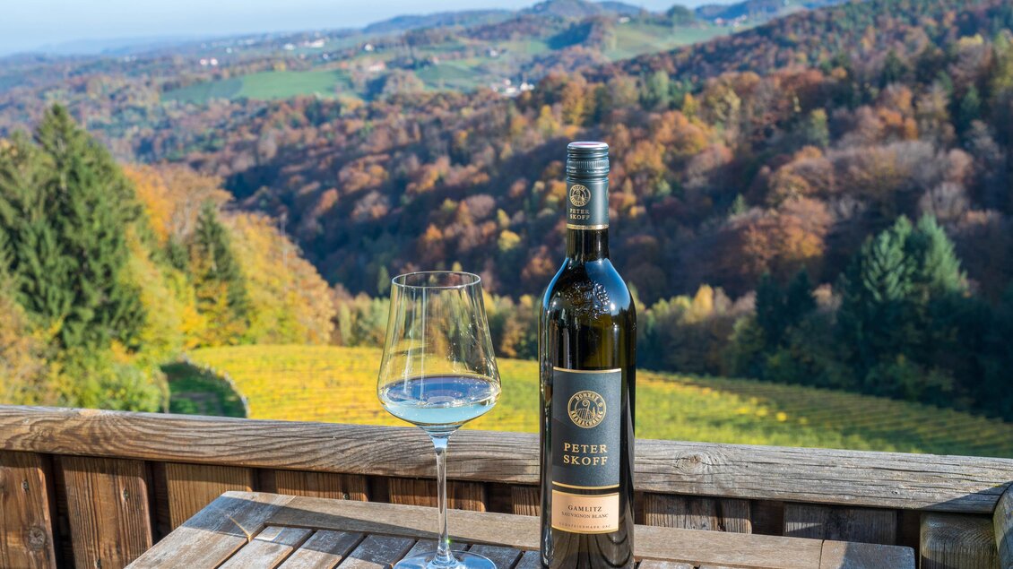 Ein Glas und eine Flasche Wein stehen auf einem Holztisch. Im Hintergrund erstreckt sich eine malerische Landschaft mit bunten Herbstbäumen.