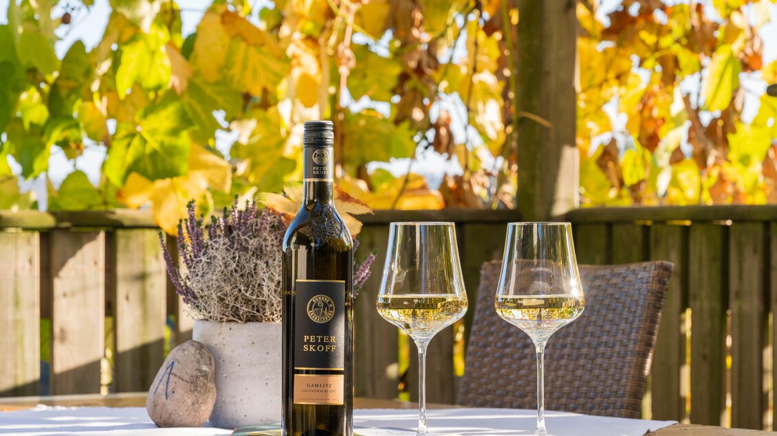 Ein Flasche Wein und zwei Weingläser stehen auf einem Tisch. Im Hintergrund sind herbstliche Blätter und eine gemütliche Terrasse zu sehen.