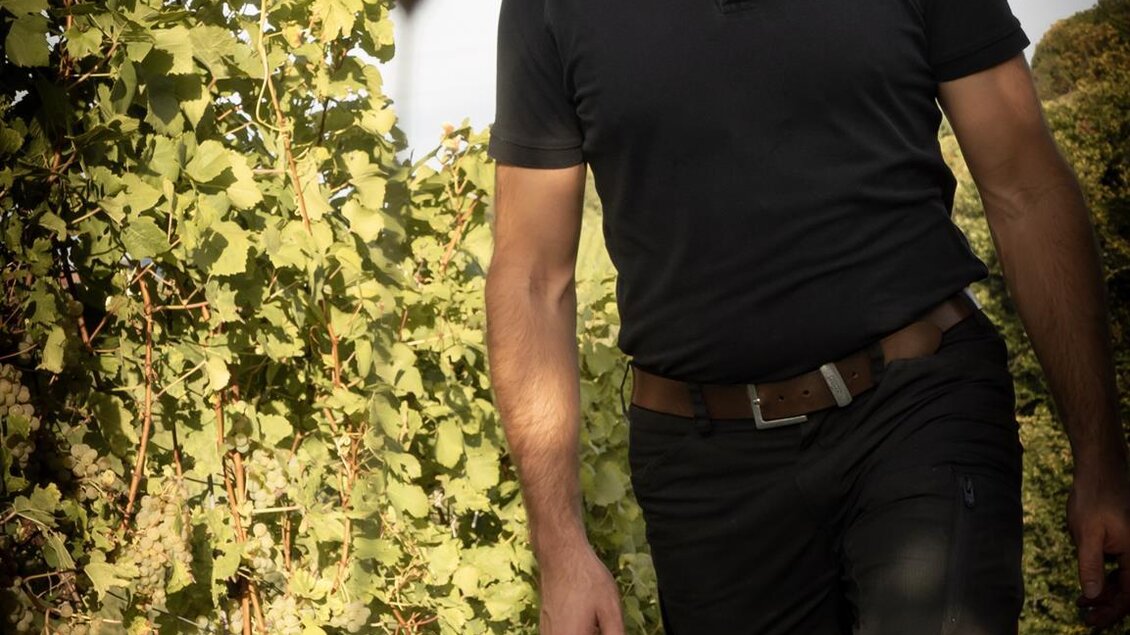 Ein Mann geht durch einen Weinberg. Er trägt ein schwarzes Hemd und schaut nachdenklich in die Ferne. | © Weingut Bernd Stelzl