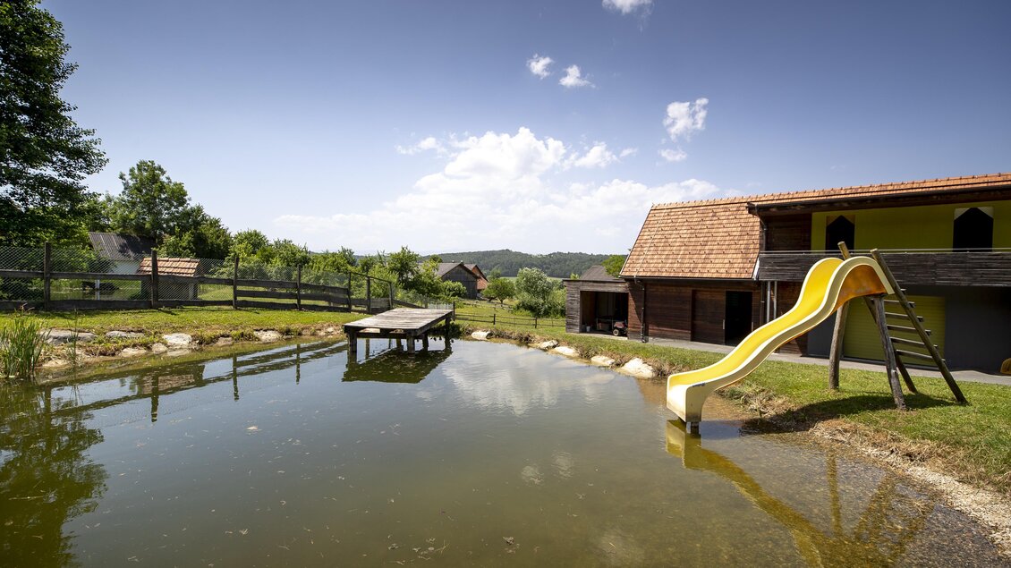 Ein ruhiger Teich mit einem Rutschenbereich und einem Holzsteg. Im Hintergrund sieht man ein gemütliches Haus und einen klaren blauen Himmel. | © Winzerhof Strablegg