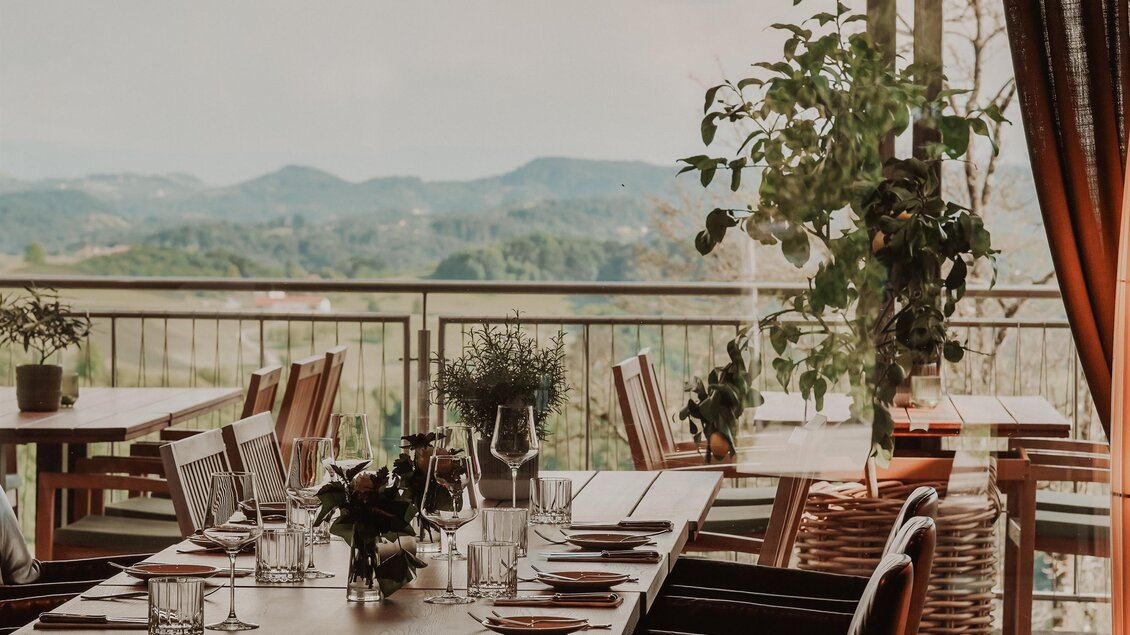 Ein einladendes Restaurant mit einem großen Tisch und Blick auf grüne Hügel. Die Atmosphäre ist gemütlich und freundlich, mit viel Tageslicht und Pflanzen. | © Yvonne Bernhard