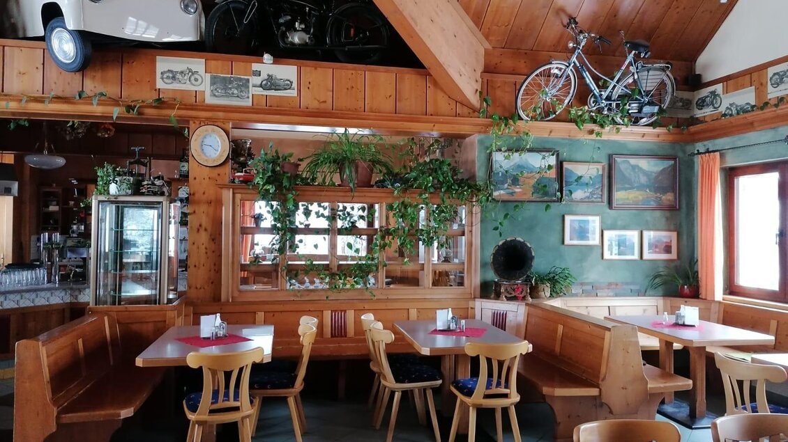 Ein gemütliches Restaurant mit Holzmobiliar und vielen Pflanzen. An den Wänden hängen Gemälde und es sind alte Fahrräder und ein Auto von der Decke befestigt. | © Wirtshaus "Zum Lebzelter"