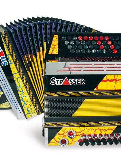 Schwarz-gelbe Strasser Steirische Harmonika mit Knöpfen und Balg, traditionelles Instrument aus der Steiermark. | © Strasser Harmonika