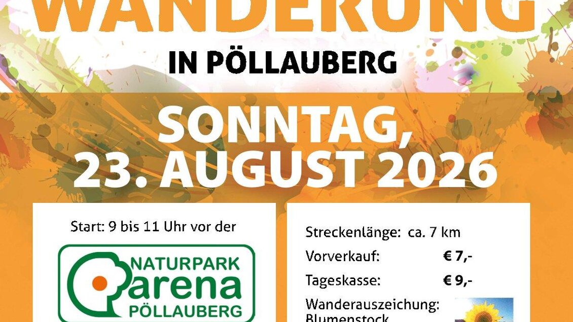 Die Anzeige bewirbt die 38. Blumenwanderung in Pöllau. Die Veranstaltung findet am 18. August 2024 statt und beginnt um 9 Uhr. | © Steirische Volkspartei Pöllauberg
