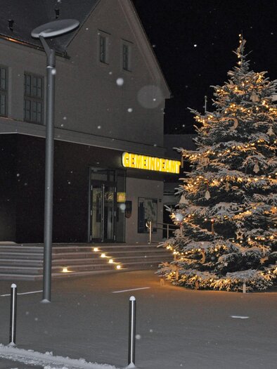 Ein festlich beleuchteter Weihnachtsbaum steht vor einem Gebäude. Es schneit leicht und die Umgebung ist in winterlicher Stimmung. | © Gemeinde Bad Loipersdorf