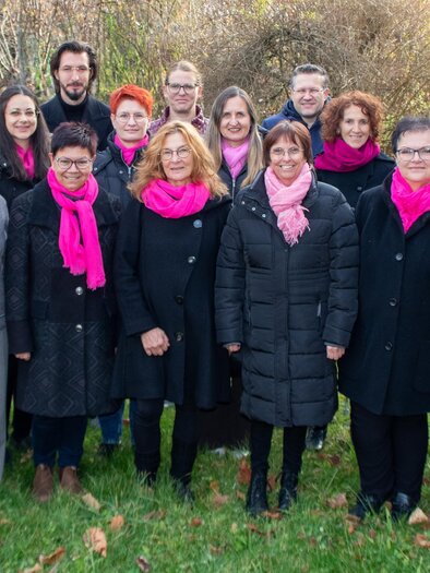 Eine Gruppe von Menschen steht auf einer Wiese, umgeben von Bäumen. Alle tragen schwarze Kleidung und auffällige pinke Schals. | © Singkreis Stainach