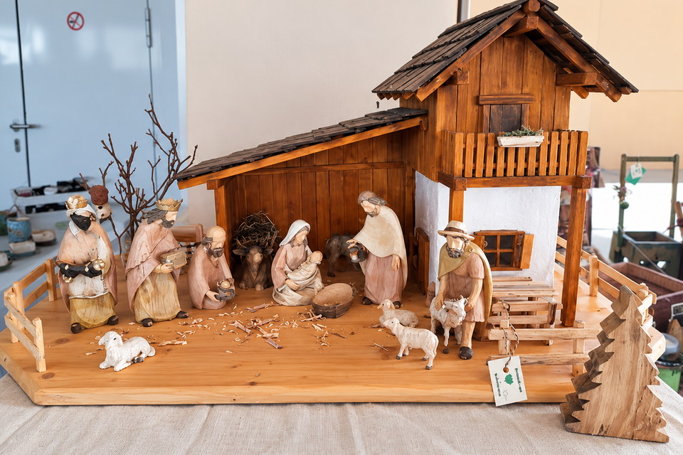 Holzgeschnitzte Weihnachtskrippe der Hobbykünstler Weinitzen mit Maria, Josef, Jesuskind, Heiligen Drei Königen und Tieren. | © Hobbykünstler Weinitzen