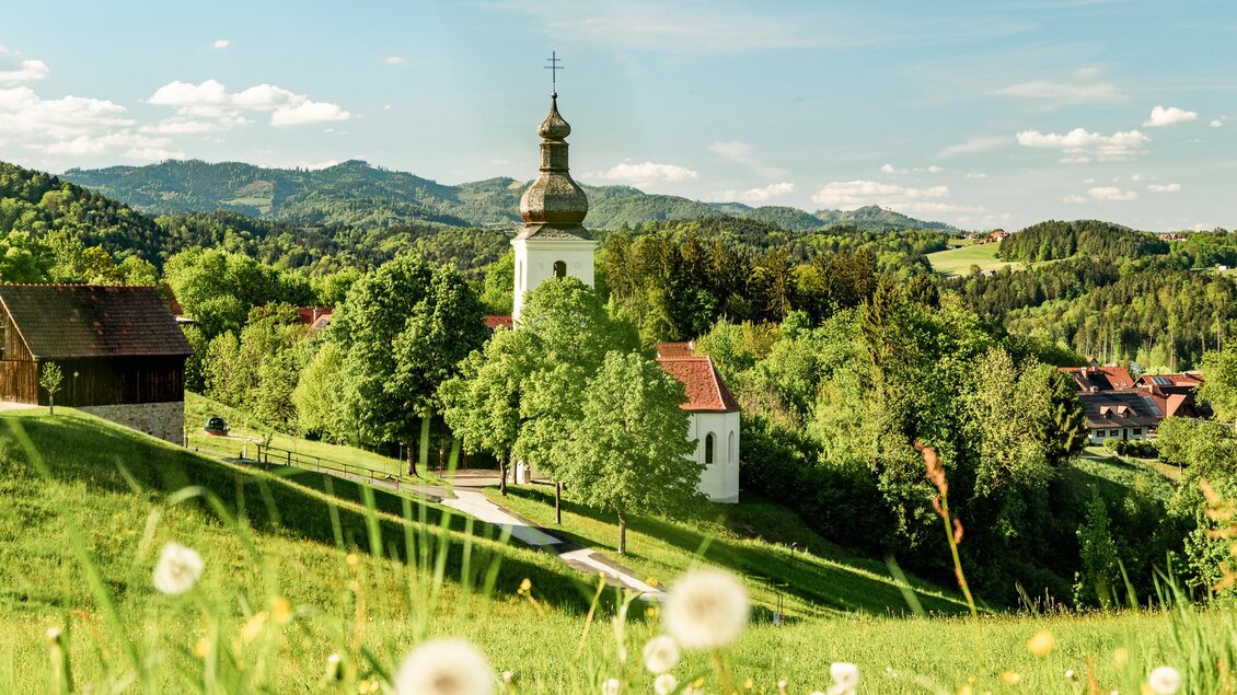 Kirche St. Bartholomä mit Zwiebelturm in grüner Hügellandschaft, Wiesen und Wald in der Lipizzanerheimat.  | © Region Graz-Mias Photoart
