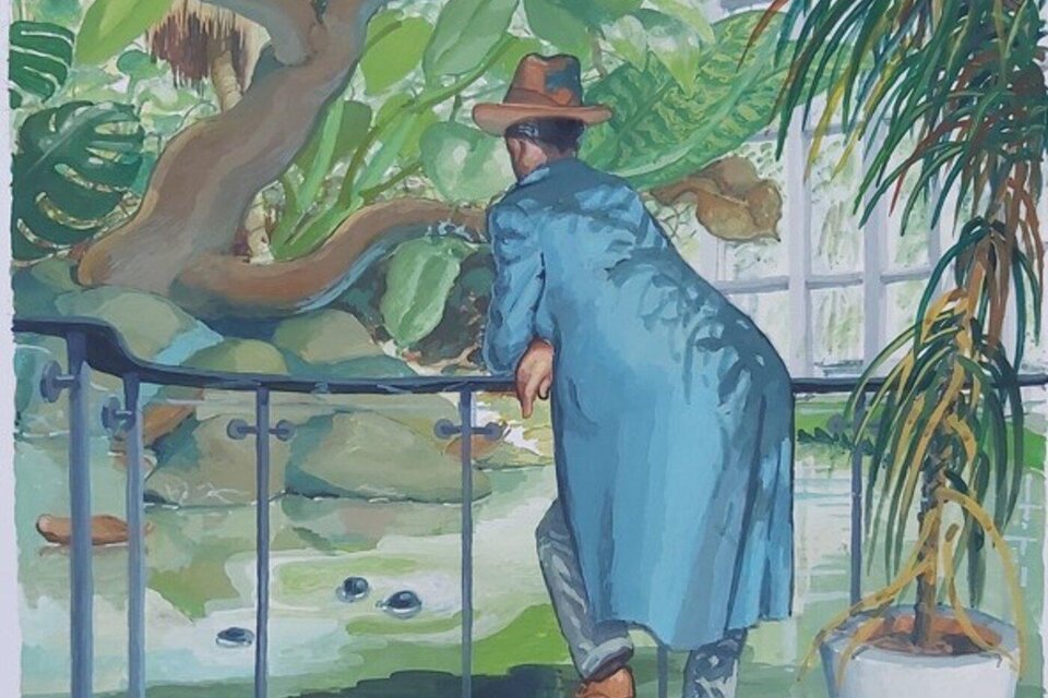Gemälde eines Mannes mit blauem Mantel und Hut inmitten üppiger Pflanzen bei der Ausstellung „Simultan“. | © Franz Dampfhofer