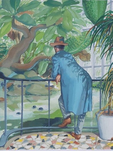 Gemälde eines Mannes mit blauem Mantel und Hut inmitten üppiger Pflanzen bei der Ausstellung „Simultan“. | © Franz Dampfhofer