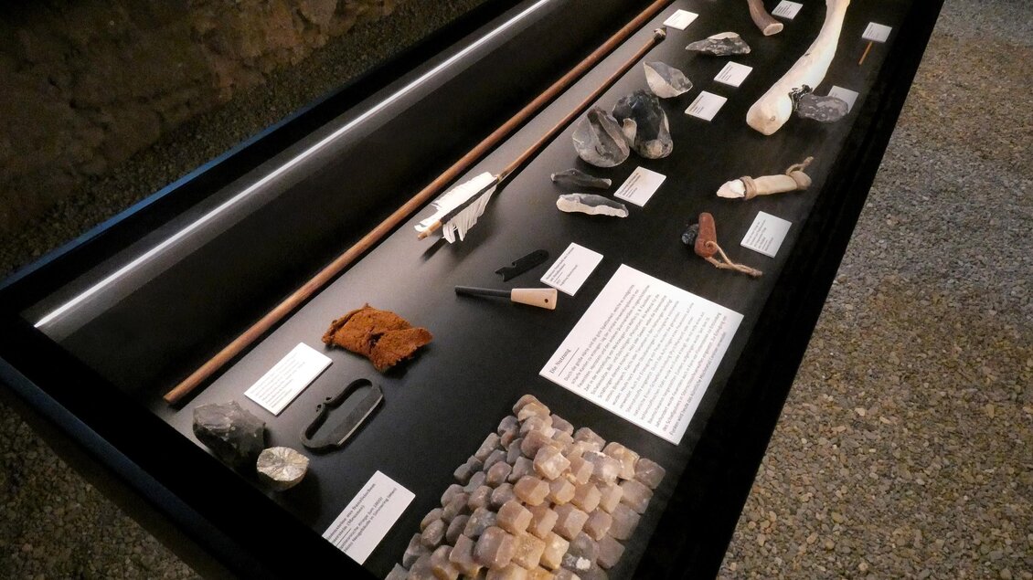Vitrine mit archäologischen Werkzeugen, Knochen und Steinen in der Ausstellung SteinZeit im Stift Rein in der Steiermark. | © Stift Rein