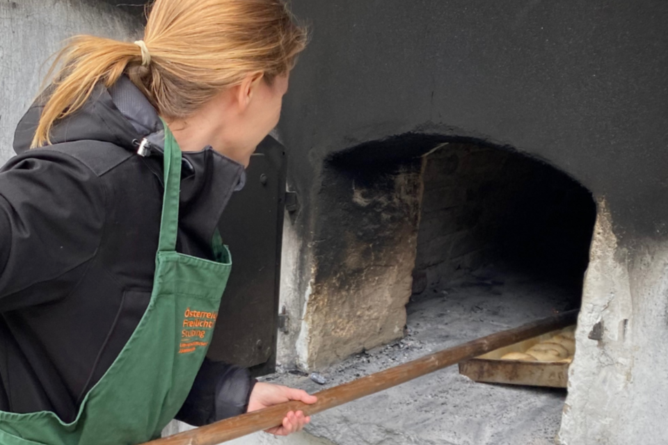 <p>Eine Frau schiebt Brotteig mit Holzschieber in historischen Brotbackofen im Österreichischen Freilichtmuseum Stübing.</p> | © ÖFM
