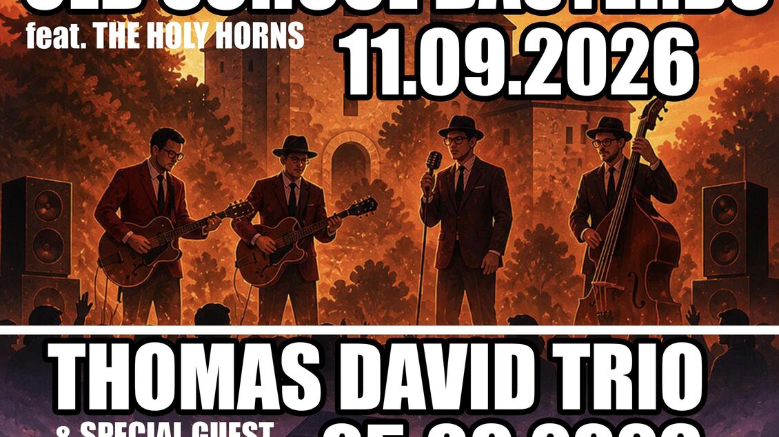 Ein Plakat für ein Musikfestival mit dem Titel "Castle Vibes". Es kündigt zwei Veranstaltungen an: "Old School Basterds" am 11.09.2026 und "Thomas David Trio" am 05.09.2026 in Oberkapfenberg. | © United Colors Event