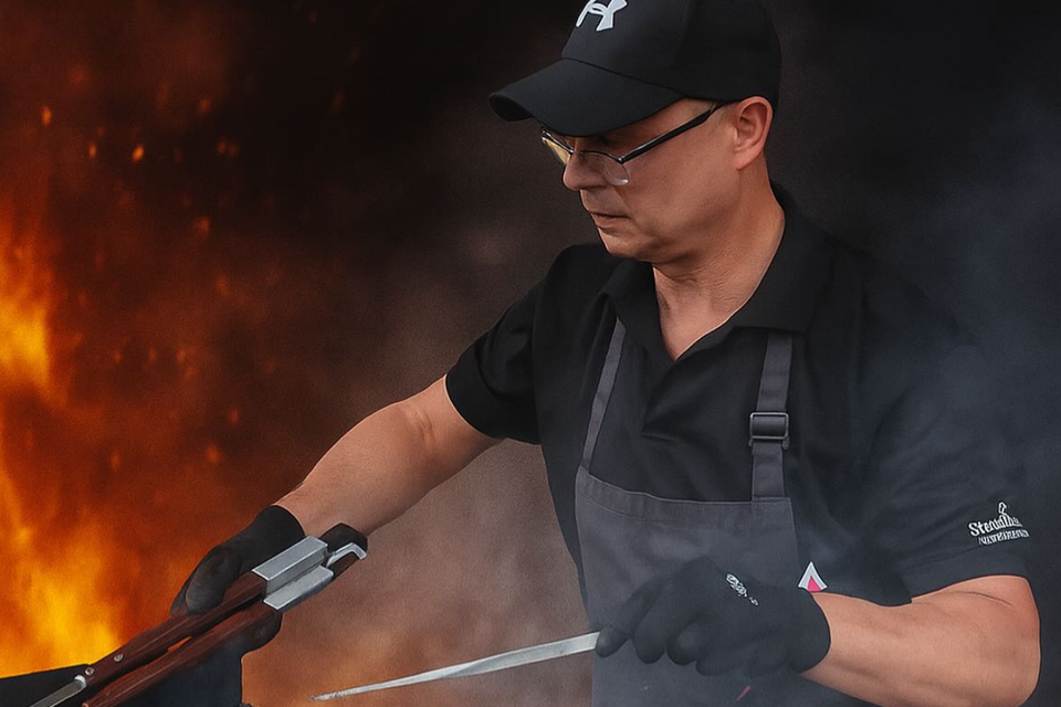 Ein Mann grillt mit Freude Fleisch auf einem großen Grill. Im Hintergrund sind Flammen und Rauch sichtbar. | © Hotel Domittner