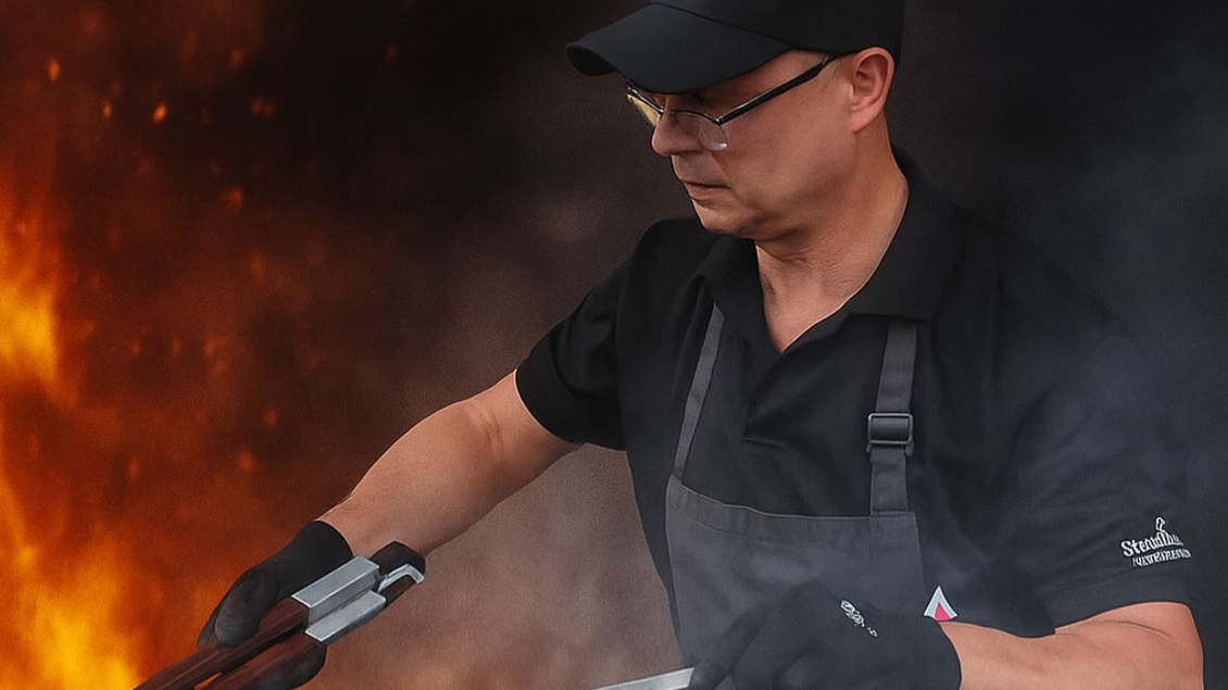 Ein Mann grillt mit Freude Fleisch auf einem großen Grill. Im Hintergrund sind Flammen und Rauch sichtbar. | © Hotel Domittner