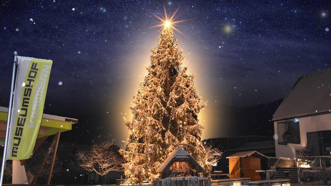 Ein wunderschöner Weihnachtsbaum mit Lichtern und einer strahlenden Spitze. Im Hintergrund ist der Nachthimmel mit Sternen zu sehen. | © Marktgemeinde Kammern