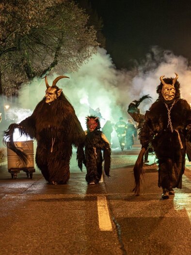 Eine nächtliche Parade mit Menschen in auffälligen Kostümen. Es gibt rauchige Effekte und Zuschauer am Straßenrand. | © Foto de Monte Mureck
