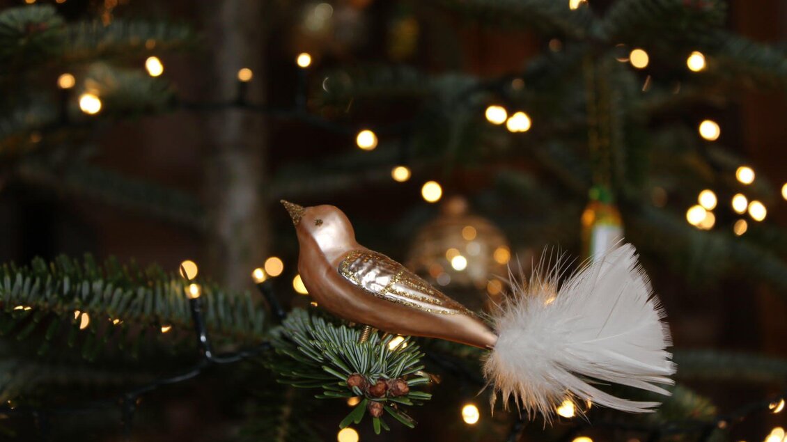 Ein dekorativer Vogel aus Gold mit einem weißen Schwanz sitzt auf einem Weihnachtsbaum. Lichter funkeln um ihn herum und schaffen eine festliche Atmosphäre. | © Blumenhof Bender