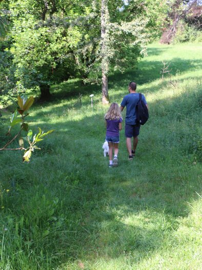 Father with child and dog on a meadow path in the Kaiserwald near Premstätten. | © WEGES