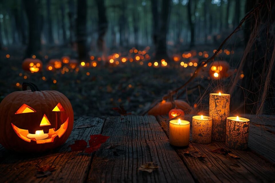 Leuchtender Halloween-Kürbis und Kerzen auf einem Holztisch, weitere beleuchtete Kürbisse im Wald. | © CanvaKI-Christine Rotschädl