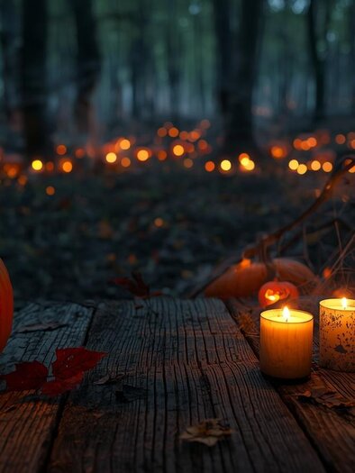 Leuchtender Halloween-Kürbis und Kerzen auf einem Holztisch, weitere beleuchtete Kürbisse im Wald. | © CanvaKI-Christine Rotschädl