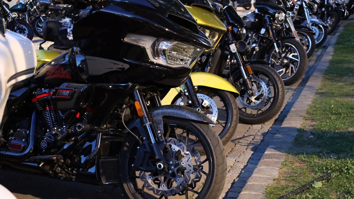 Eine Reihe von Motorrädern parkt auf einem Weg. Die Motorräder sind in verschiedenen Farben, hauptsächlich schwarz und gelb. | © Zehnerhaus