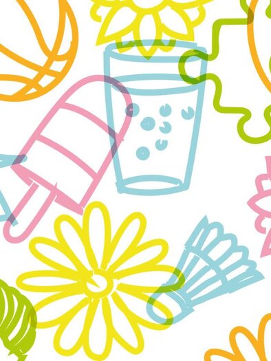 Summer accessories like deck chair, drinking glass, ice pop, flowers, badminton racket as graphic in bright summer colors on a white background. | © Desing Taska