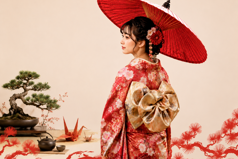 Person im roten Kimono mit traditionellem japanischem Papierschirm beim Japanfest in Frohnleiten. | © ChatGPT-Christine Rotschädl