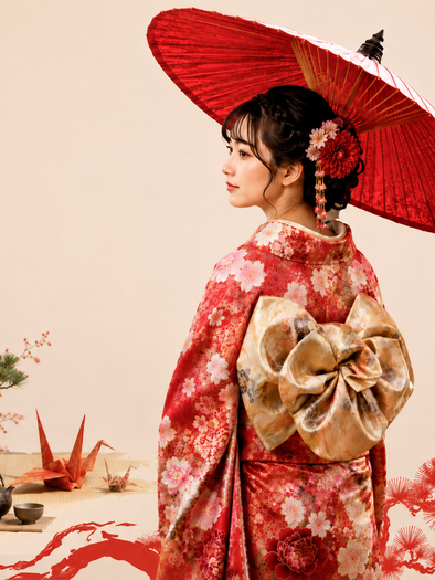 Person im roten Kimono mit traditionellem japanischem Papierschirm beim Japanfest in Frohnleiten. | © ChatGPT-Christine Rotschädl