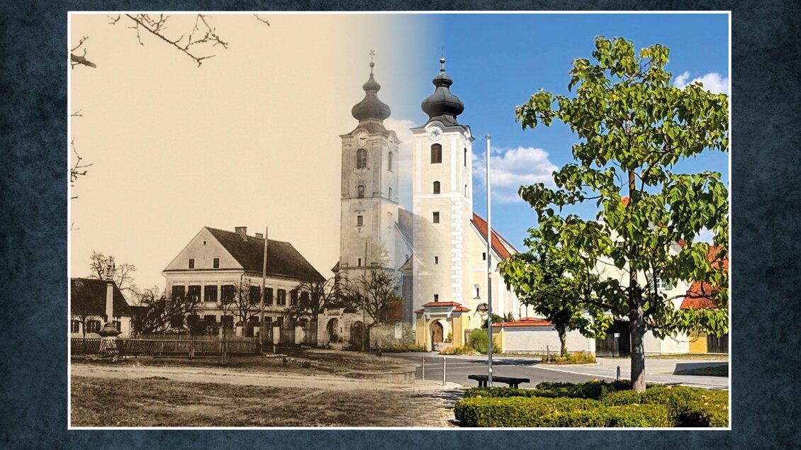 Eine historische und eine moderne Ansicht von Fürstenfeld sind nebeneinander dargestellt. Das Bild zeigt den Vergleich zwischen der Vergangenheit und der Gegenwart. | © Museumsverein Fürstenfeld