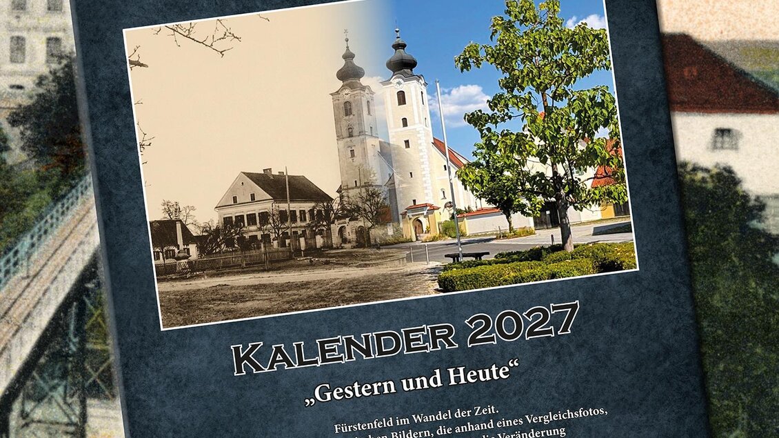 Ein Plakat für die Kalenderpräsentation 2027 in Fürstenfeld. Es zeigt eine Ansicht von Fürstenfeld mit Informationen zum Datum und Veranstaltungsort. | © Museumsverein Fürstenfeld