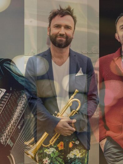 Portrait of three musicians with accordion and trumpet at the chamber music festival in Graz. | © Andrej Grilc, Thomas Radlwimmer, Nancy Horovitz