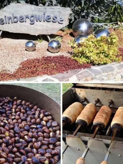 A welcome sign "Weinbergwiese" surrounded by flowers and decorative spheres. Below, roasted chestnuts and baked goods are visible on a grill. | © Walter Patzelt