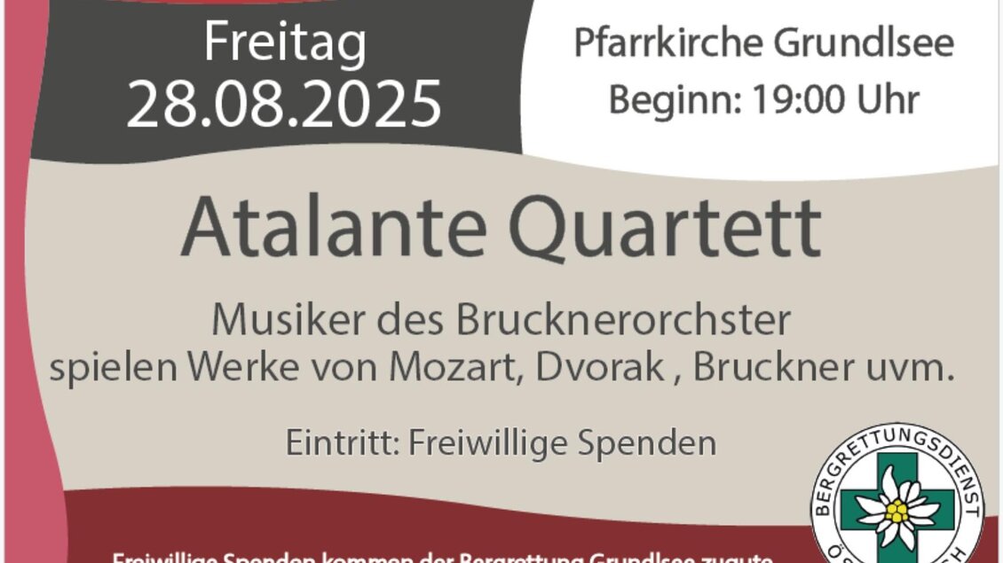 Ein Plakat für ein Konzert des Atalante Quartetts. Es findet am Freitag, dem 28.08.2025, in der Pfarrkirche Grundlsee statt. | © Herztöne Benefizkonzerte