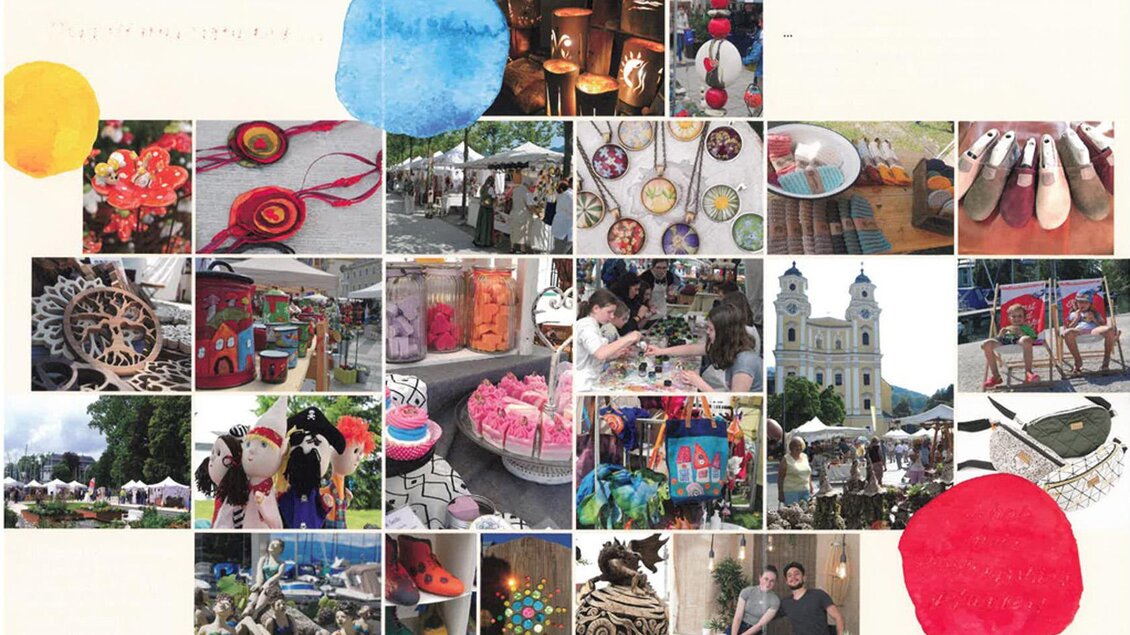 <p>Eine Collage mit verschiedenen handgefertigten Kunstwerken, Essen und Menschen auf dem Kunsthandwerksmarkt in Bad Aussee. | © Die Kunsthandwerker