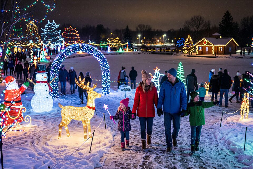 Familie spaziert durch die winterliche Lichterwelt am Schwarzlsee in Premstätten, umgeben von bunt beleuchteten Figuren, Bäumen und weihnachtlichen Lichtinstallationen. | © SE Holding GmbH