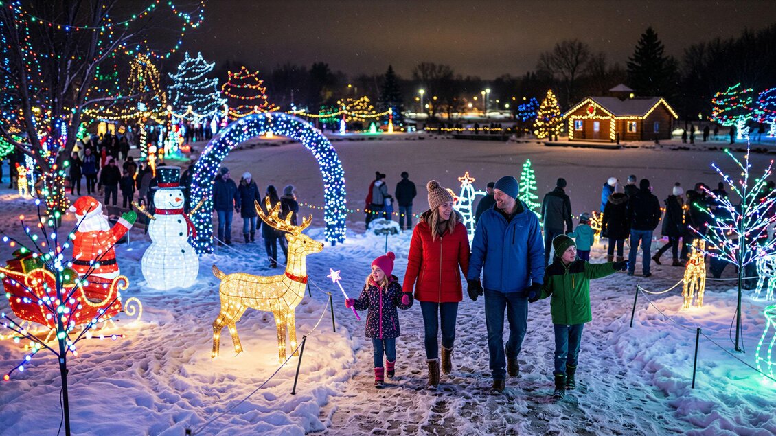 Familie spaziert durch die winterliche Lichterwelt am Schwarzlsee in Premstätten, umgeben von bunt beleuchteten Figuren, Bäumen und weihnachtlichen Lichtinstallationen. | © SE Holding GmbH
