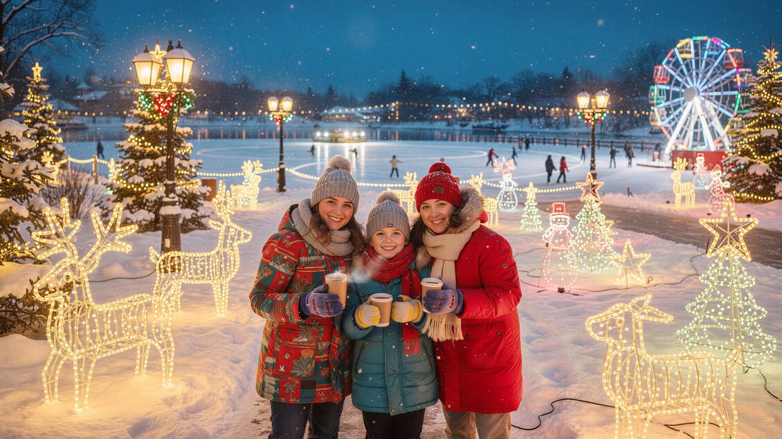Zwei Frauen und ein Kind genießen einen winterlichen Spaziergang im Lichterpark am Schwarzlsee, umgeben von leuchtenden Rentieren, Schneemännern, Weihnachtsbäumen und einem beleuchteten Riesenrad. | © SE Holding GmbH