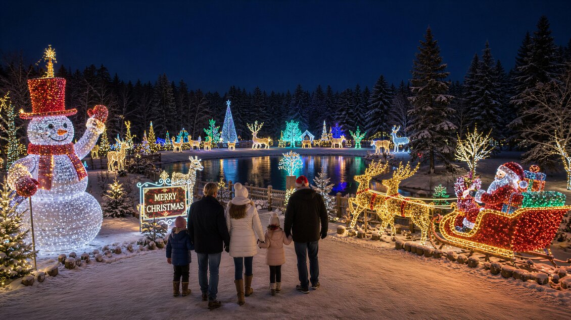 Familie spaziert bei Abenddämmerung durch den verschneiten Lichterpark am Schwarzlsee, vorbei an beleuchteten Rentieren, Schneemann, Weihnachtsmann und festlich geschmückten Bäumen. | © SE Holding GmbH