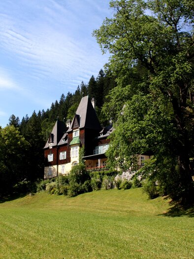 Ein imposantes Haus mit mehreren Türmen und grünem Dach, umgeben von Bäumen. Im Hintergrund ist eine sanfte Hügellandschaft sichtbar. | © nicoleseiser.at