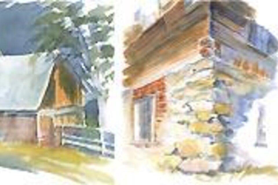 Ein Aquarellbild von traditionellen Holzhäusern in einer ländlichen Umgebung. Links neben den Häusern befindet sich ein Foto eines Mannes. | © Ing. Walter Lechthaler