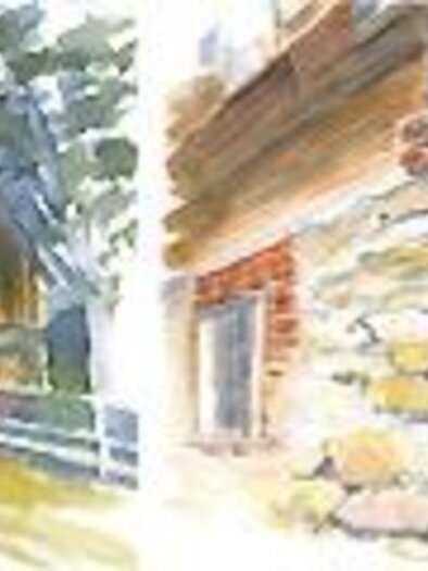 A watercolor painting of traditional wooden houses in a rural setting. Next to the houses on the left is a photo of a man. | © Ing. Walter Lechthaler