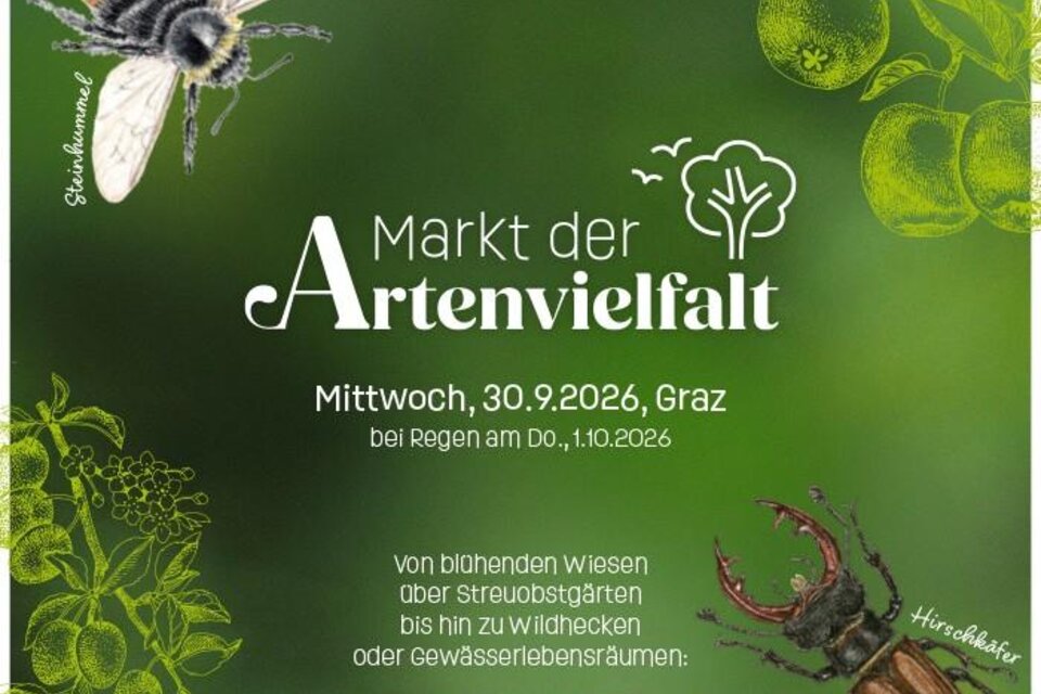 Ein Plakat für den Markt der Artenvielfalt zeigt verschiedene Insekten und Pflanzen. Es informiert über eine Veranstaltung in Graz, die die Natur und Biodiversität feiert.