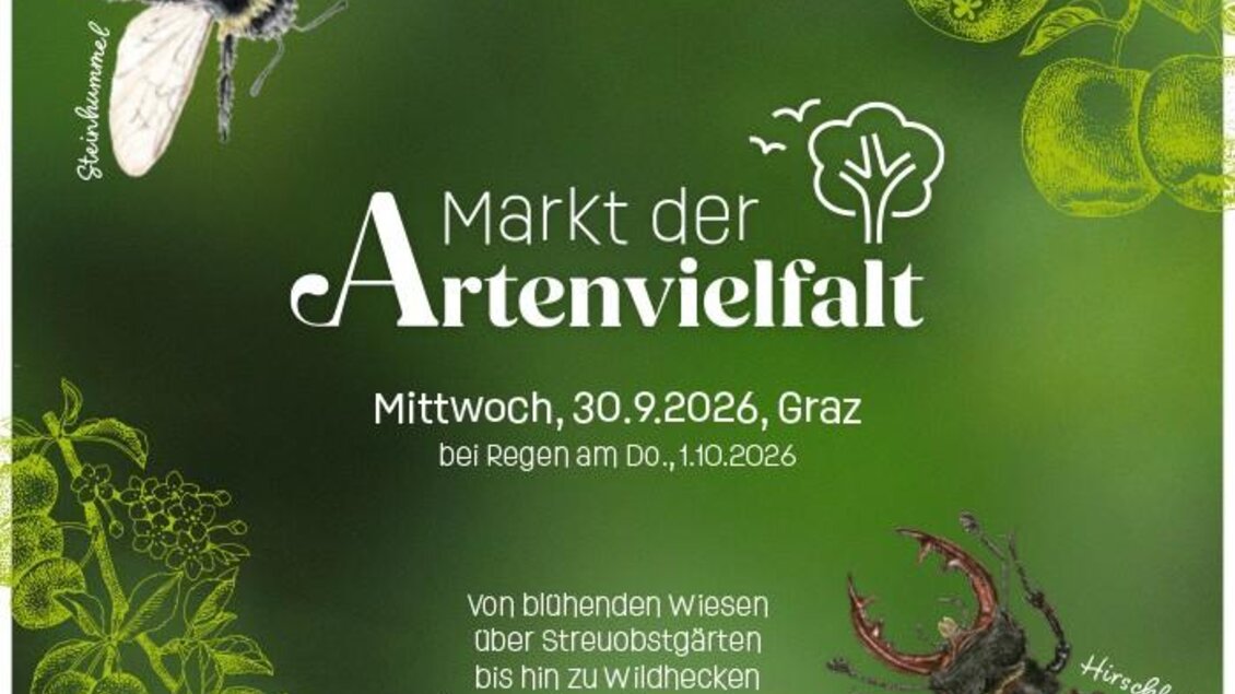 Ein Plakat für den Markt der Artenvielfalt zeigt verschiedene Insekten und Pflanzen. Es informiert über eine Veranstaltung in Graz, die die Natur und Biodiversität feiert.