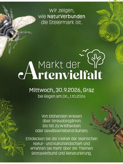 Ein Plakat für den Markt der Artenvielfalt zeigt verschiedene Insekten und Pflanzen. Es informiert über eine Veranstaltung in Graz, die die Natur und Biodiversität feiert.